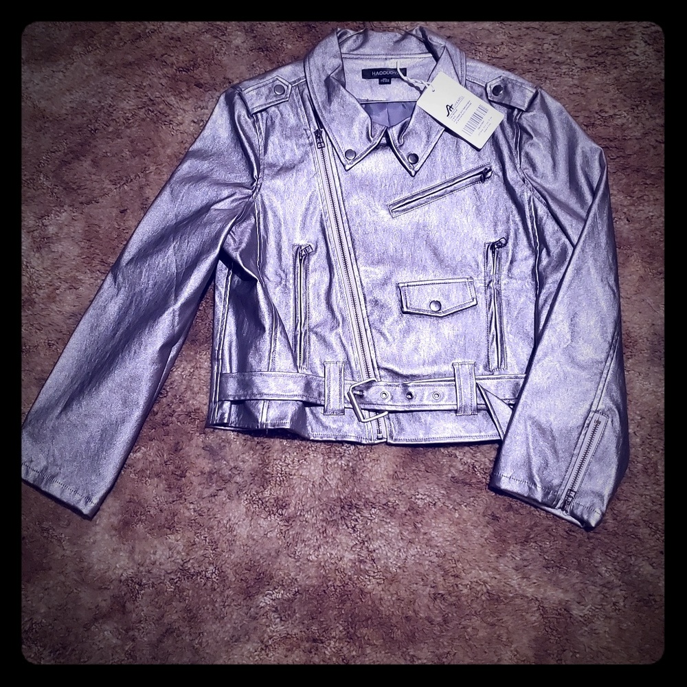 Silver faux leather jacket.